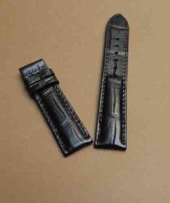 Dây đồng hồ da bụng cá sấu màu đen khâu máy đốt tre to