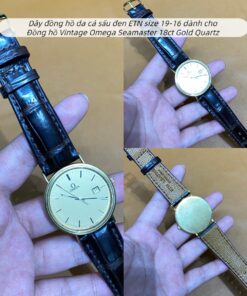 Dây đồng hồ da cá sấu đen ETN dành cho Đồng hồ Vintage Omega Seamaster 18ct Gold Quartz size 19-16