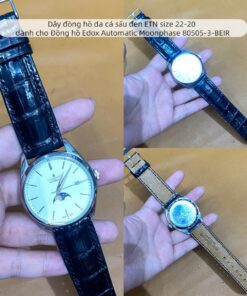 Dây đồng hồ da cá sấu đen ETN size 22-20 dành cho Đồng hồ Edox Automatic Moonphase 80505-3-BEIR